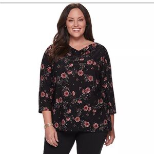 Croft & Barrow black floral 3/4 sleeves cowlneck blouse 1X